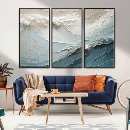 Textured canvas of ocean waves in soft coastal blues and creamy whites, ideal for modern or minimalist coastal-style interiors.
