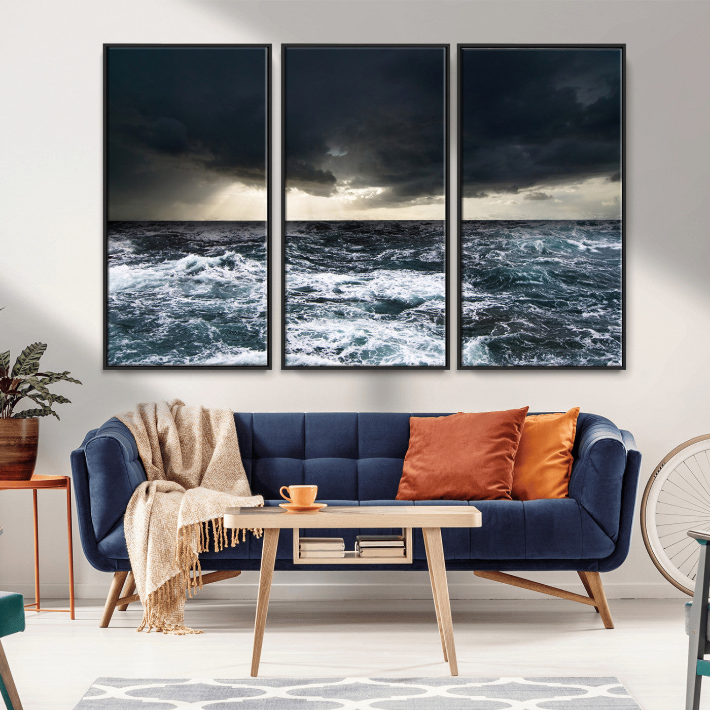 Moody ocean scene with stormy skies and crashing waves, perfect for dramatic or coastal-style home wall decor.