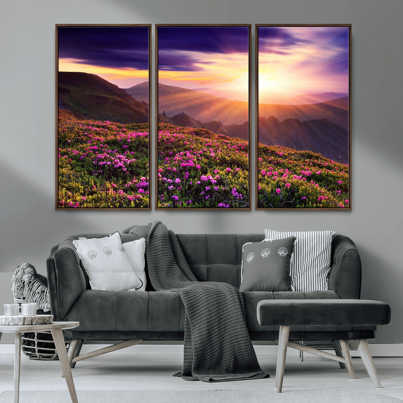 -Mountain Sunrise Wall Art – Vibrant Floral Landscape Canvas Print, Nature Home Decor for Living Room, Bedroom Office or Cabin