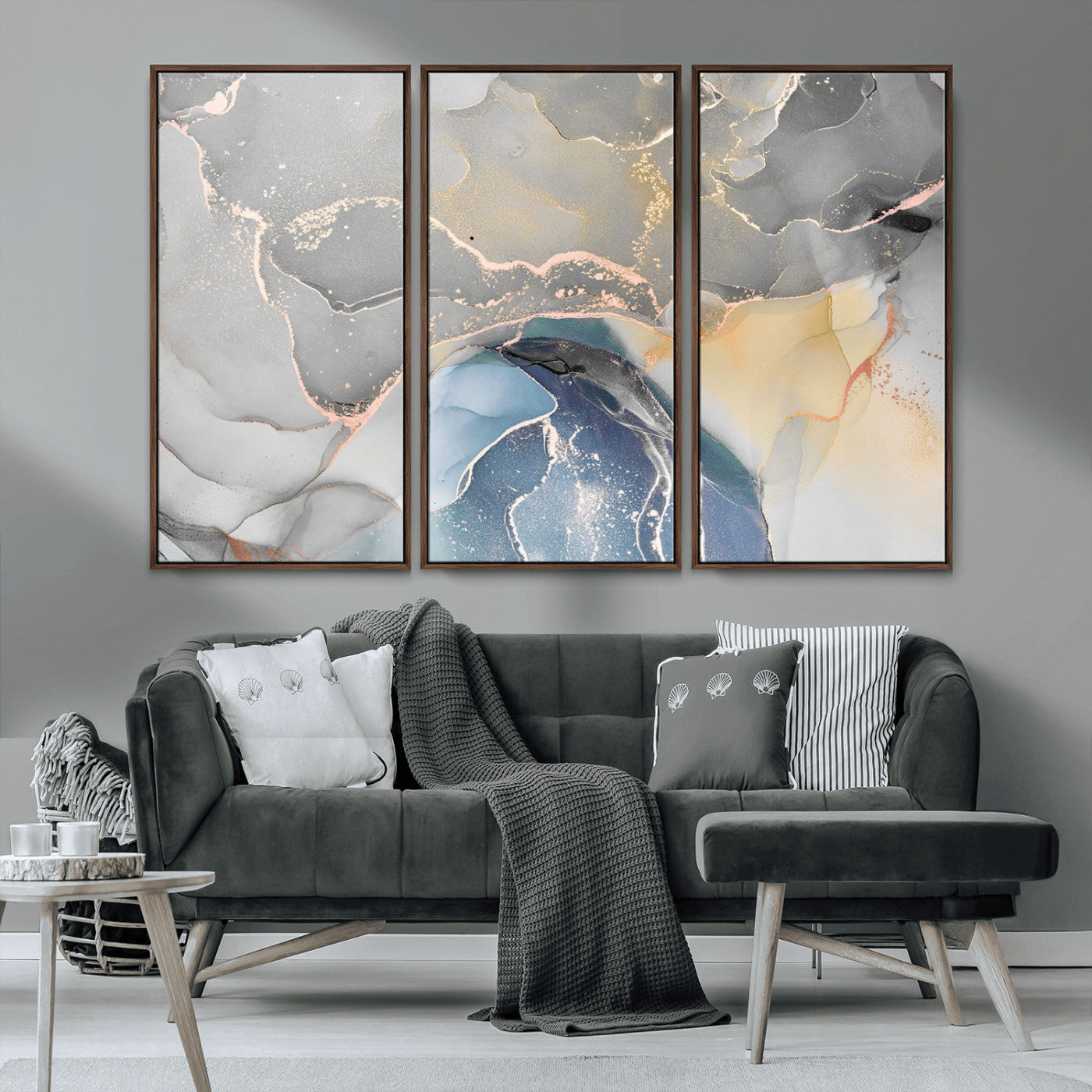 -Abstract Fluid Art Wall Decor – Blue, Gray & Gold Canvas Print, Modern Home and Office Wall Art Decor for Living Room, Bedroom or Workspace