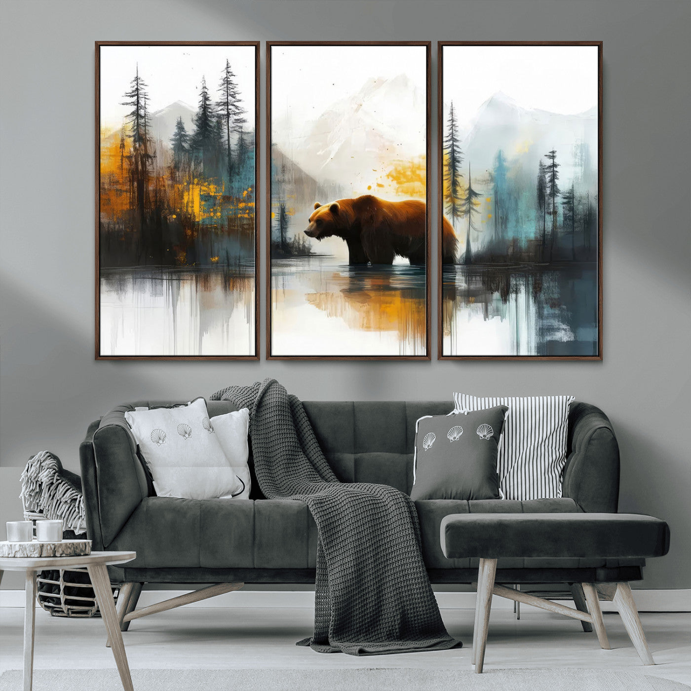 A majestic bear stands by the serene waters of a misty forest, surrounded by towering trees and distant mountains, evoking the raw beauty and wild spirit of nature.