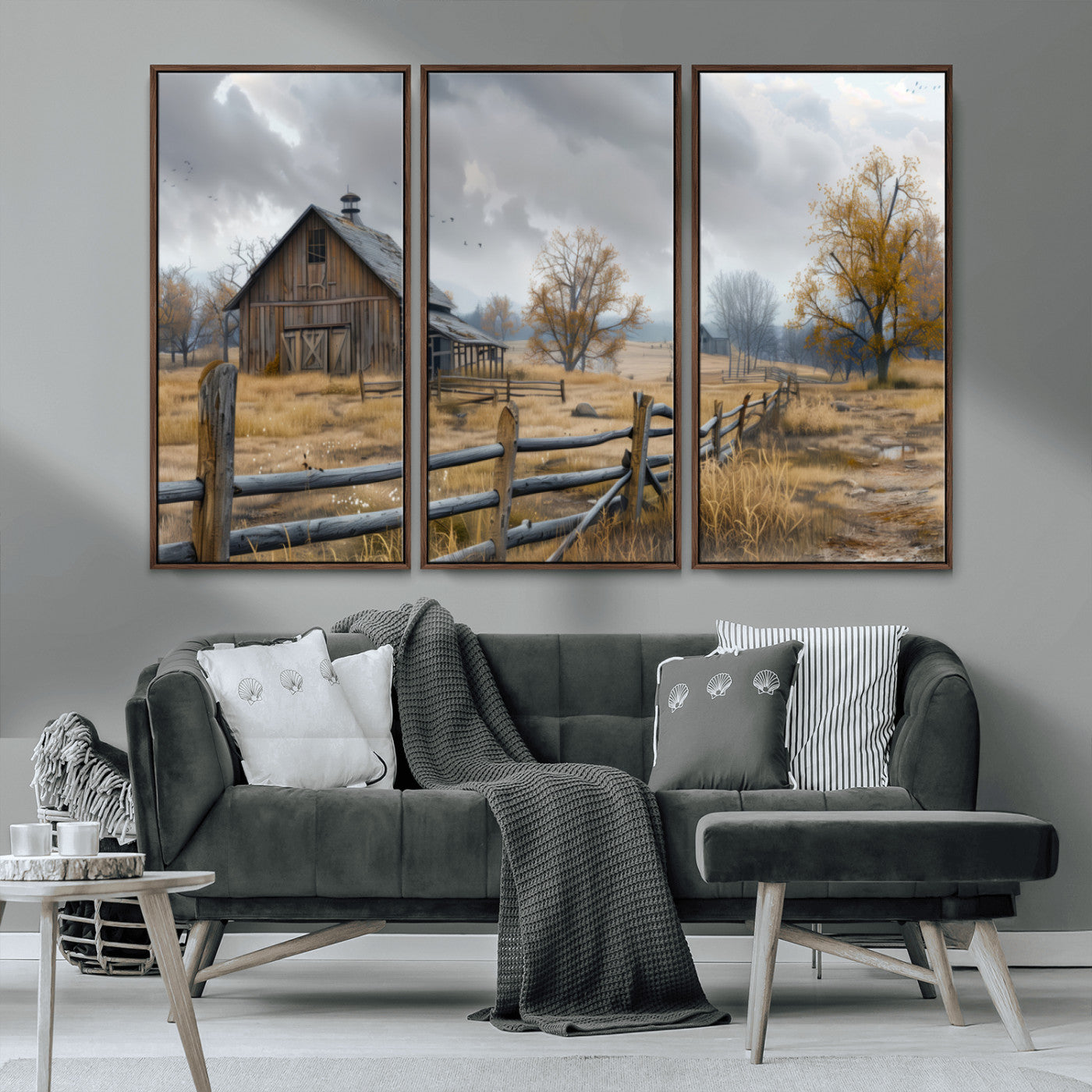 A tranquil rural scene featuring a rustic barn, overcast skies, and golden fields with scattered trees, evoking a sense of peaceful solitude in nature.
