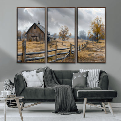 A tranquil rural scene featuring a rustic barn, overcast skies, and golden fields with scattered trees, evoking a sense of peaceful solitude in nature.