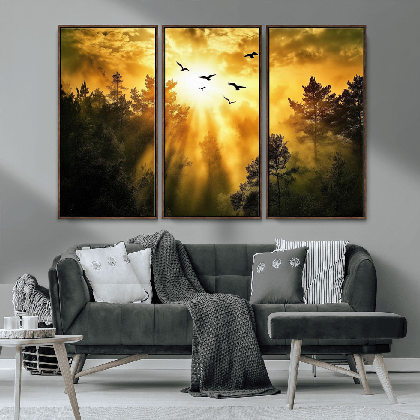 Canvas of a golden forest at sunset with birds flying through glowing sunbeams and silhouetted pine trees, ideal for warm-toned rustic decor.