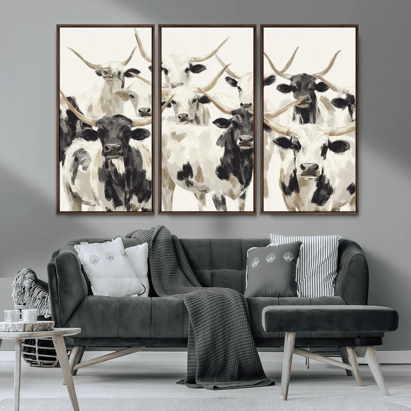 Canvas of a Texas Longhorn cattle herd in neutral black and white tones, ideal for rustic farmhouse or western-themed decor.