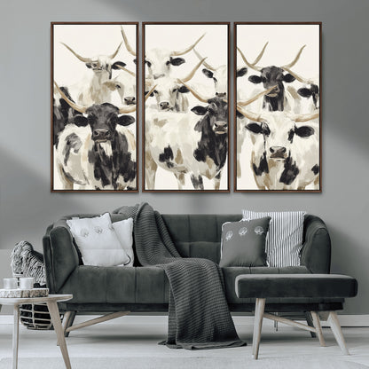 Canvas of a Texas Longhorn cattle herd in neutral black and white tones, ideal for rustic farmhouse or western-themed decor.