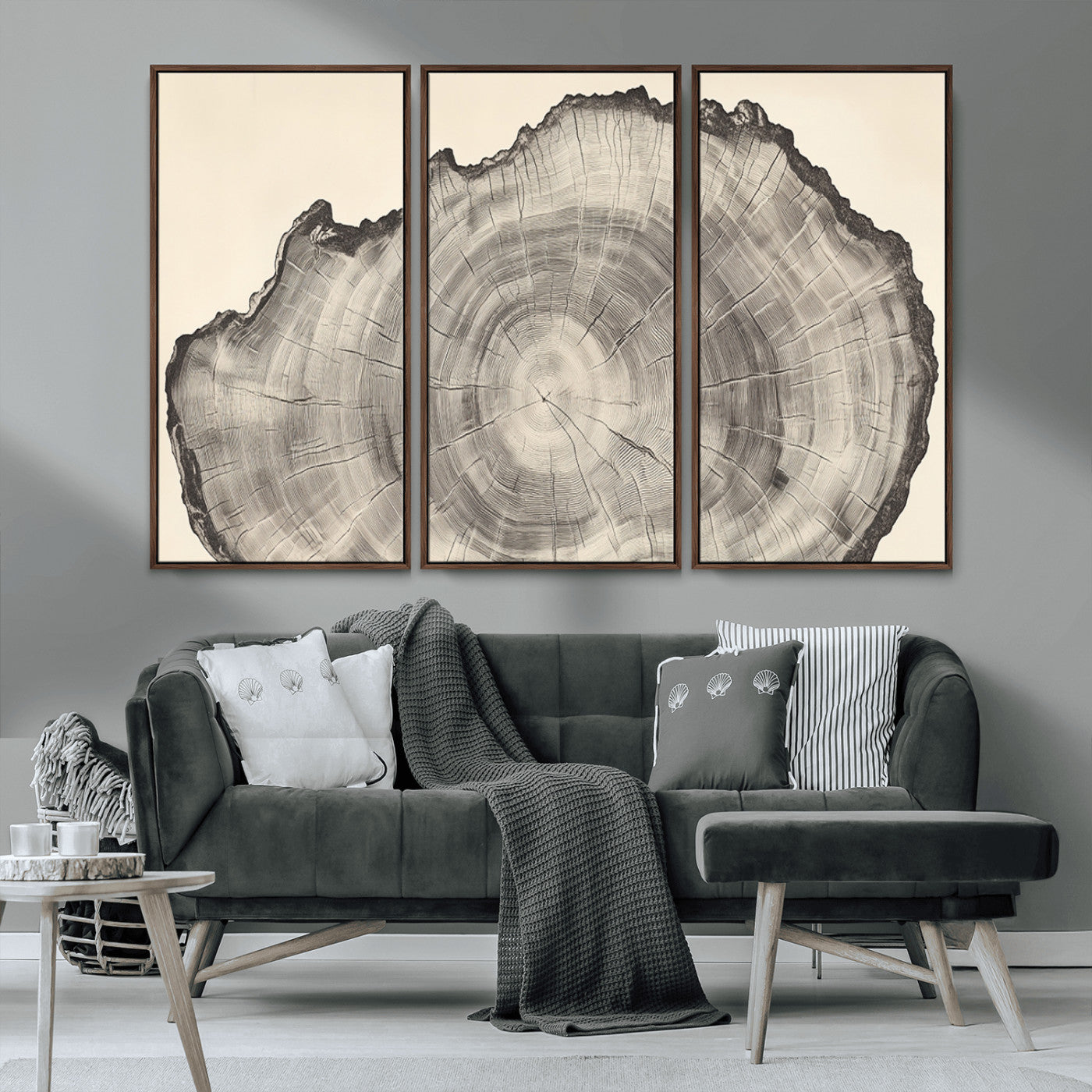 Detailed tree ring drawing in monochrome tones, ideal for rustic or nature-inspired interiors with a minimal decor aesthetic.