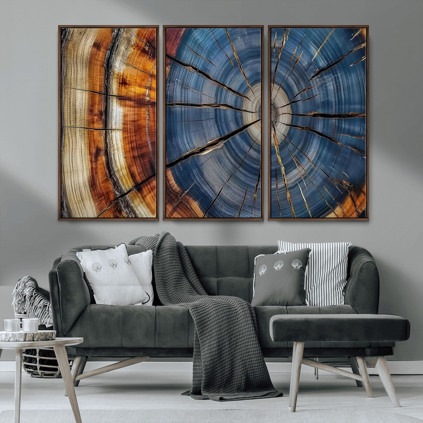 A stunning close-up view of a tree trunk, showcasing the intricate growth rings in a vibrant mix of warm browns, cool blues, and hints of natural texture.