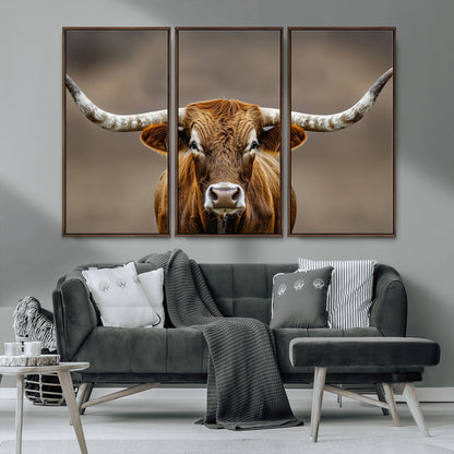 Close-up of a Texas Longhorn with strong curved horns and warm brown tones, perfect for rustic or western-style wall decor.
