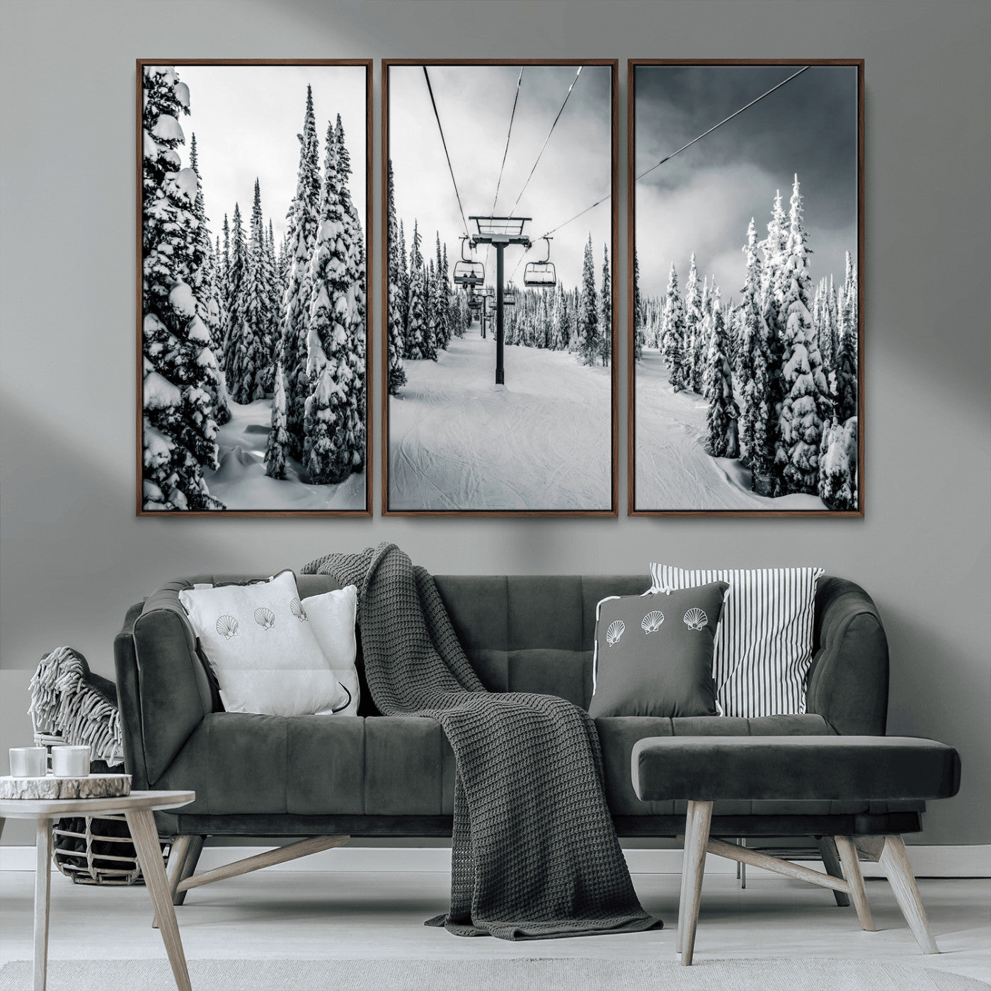 Canvas of a snowy ski lift scene through a forest of tall pine trees, ideal for moody winter or alpine-themed home decor.