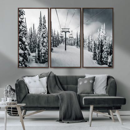 Canvas of a snowy ski lift scene through a forest of tall pine trees, ideal for moody winter or alpine-themed home decor.