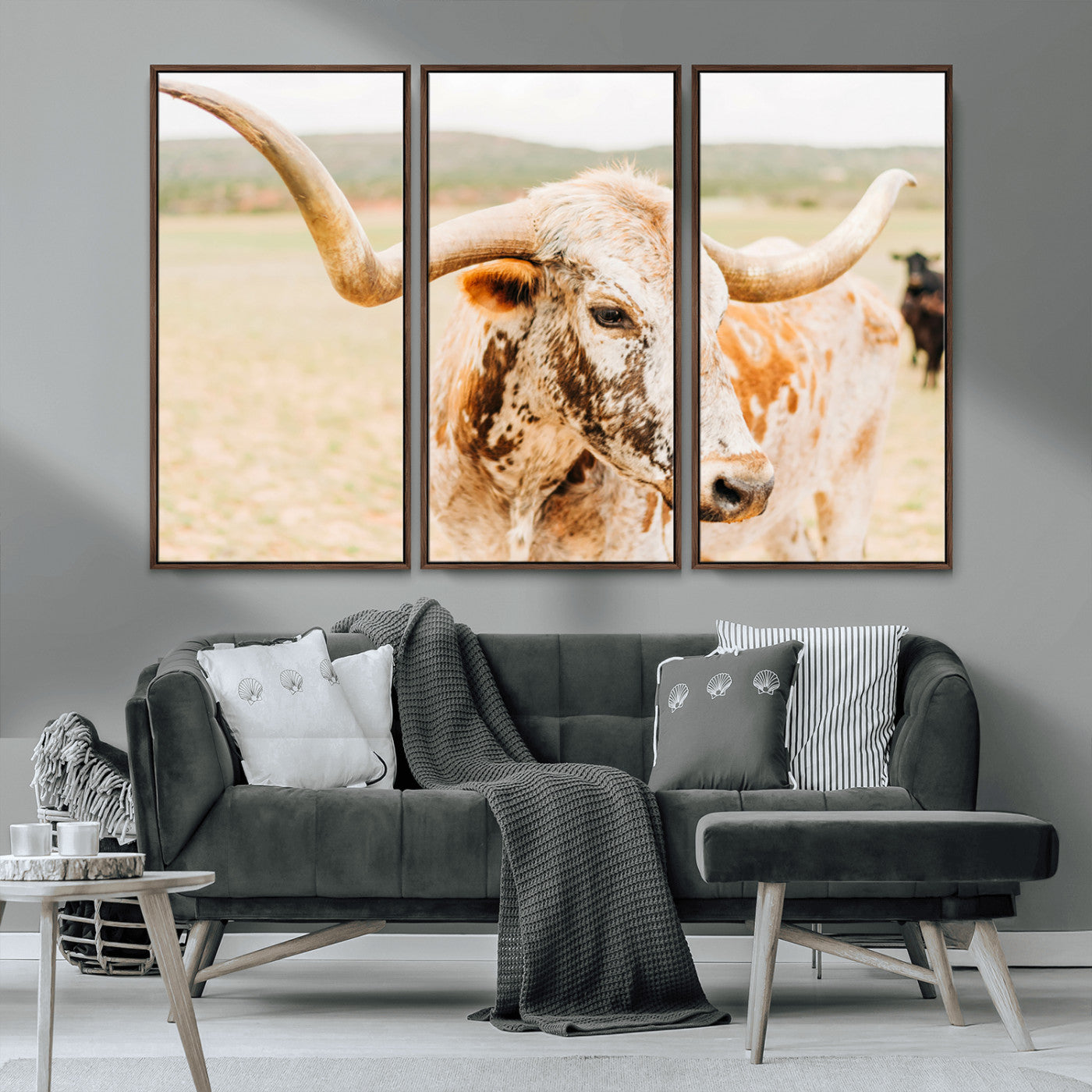 Close-up of a speckled Texas Longhorn in warm prairie tones, perfect for rustic western or countryside-themed room decor.