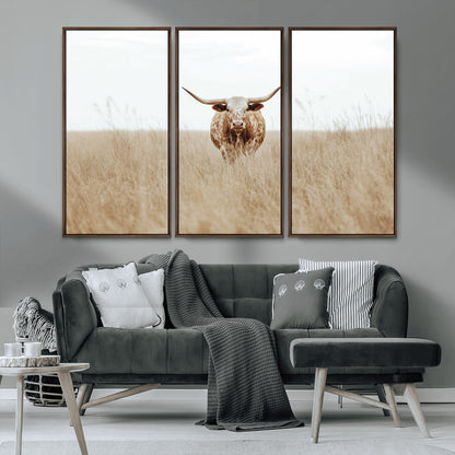 Texas Longhorn bull standing alone in dry grass with neutral tones, ideal for rustic western or cowboy-themed wall decor.