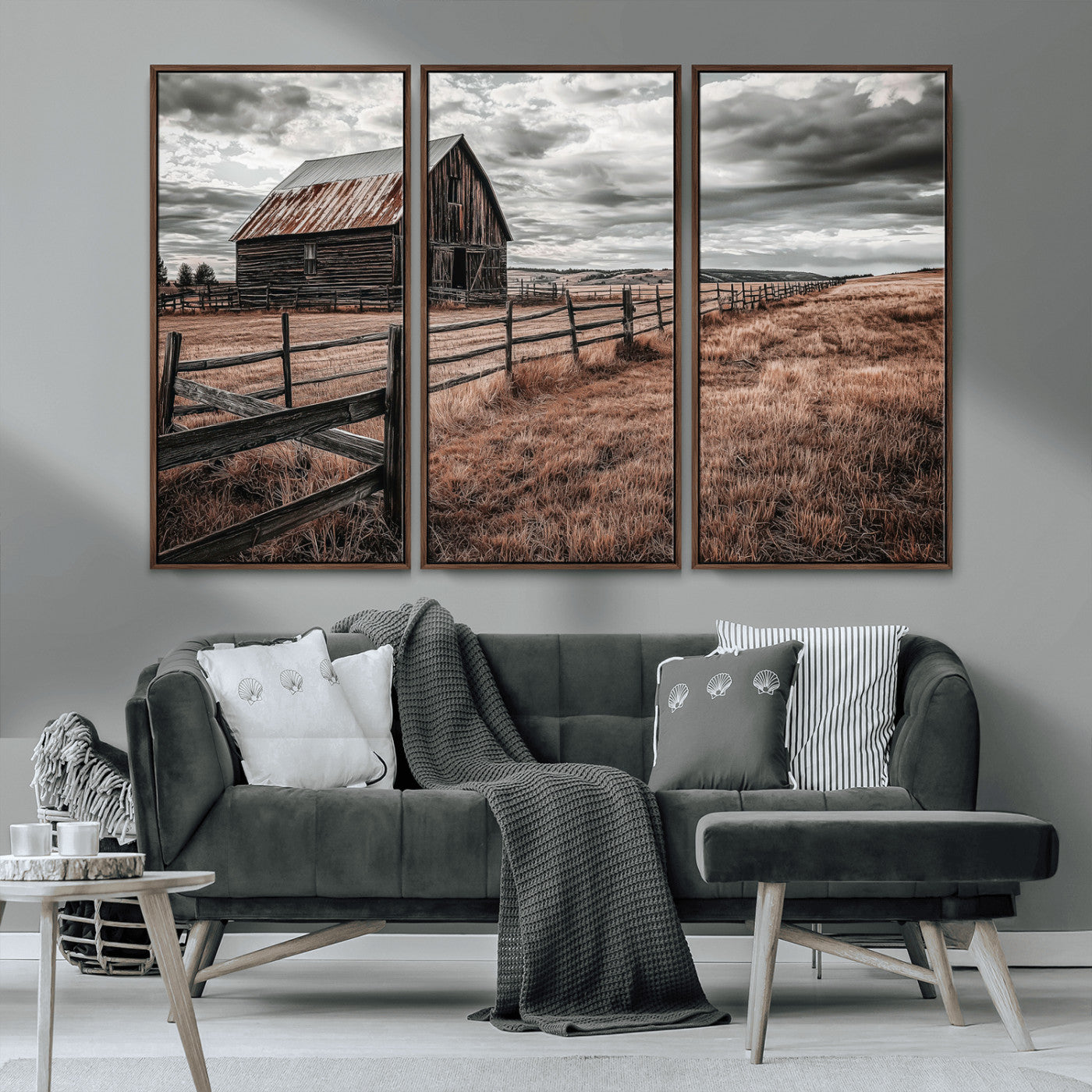 Framed canvas of a rustic barn under a moody sky with weathered fence and dark fields, ideal for farmhouse or rural-style wall decor.