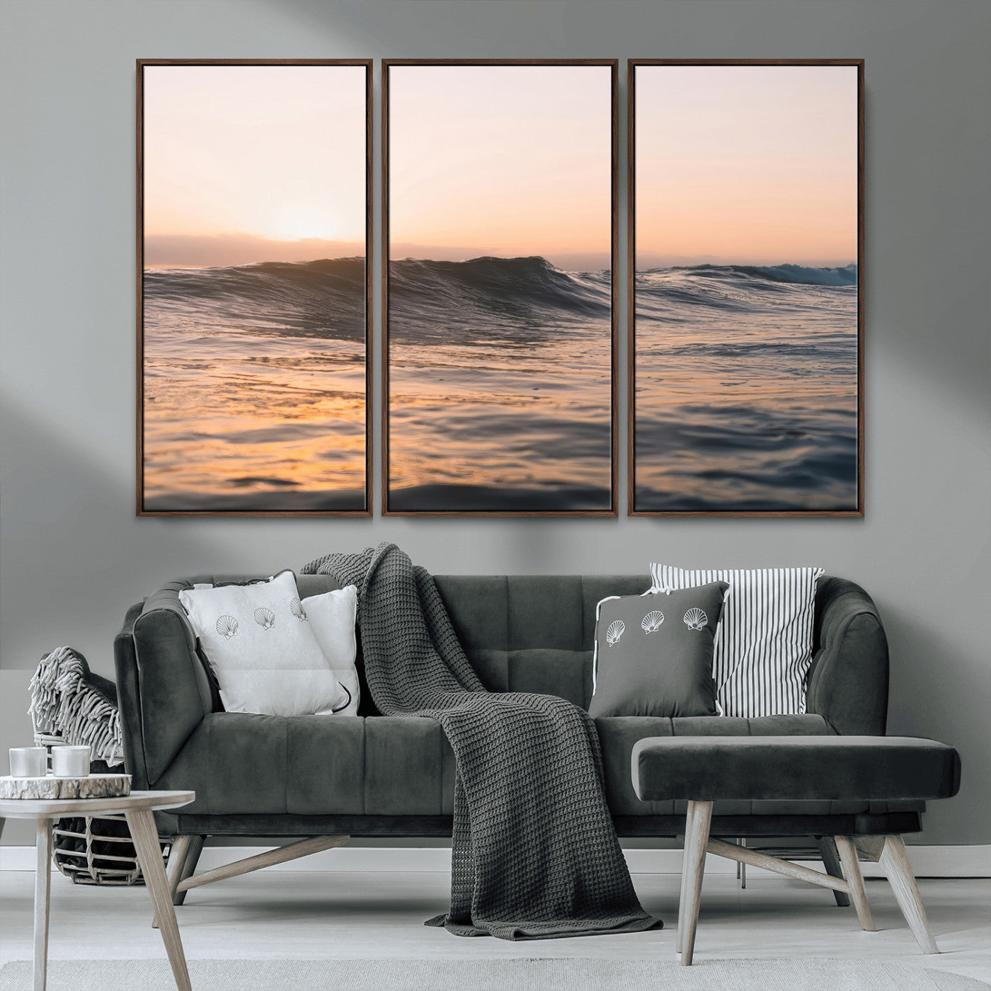Framed canvas of ocean waves glowing in sunset light, ideal for golden hour calm or peaceful coastal-inspired wall decor.