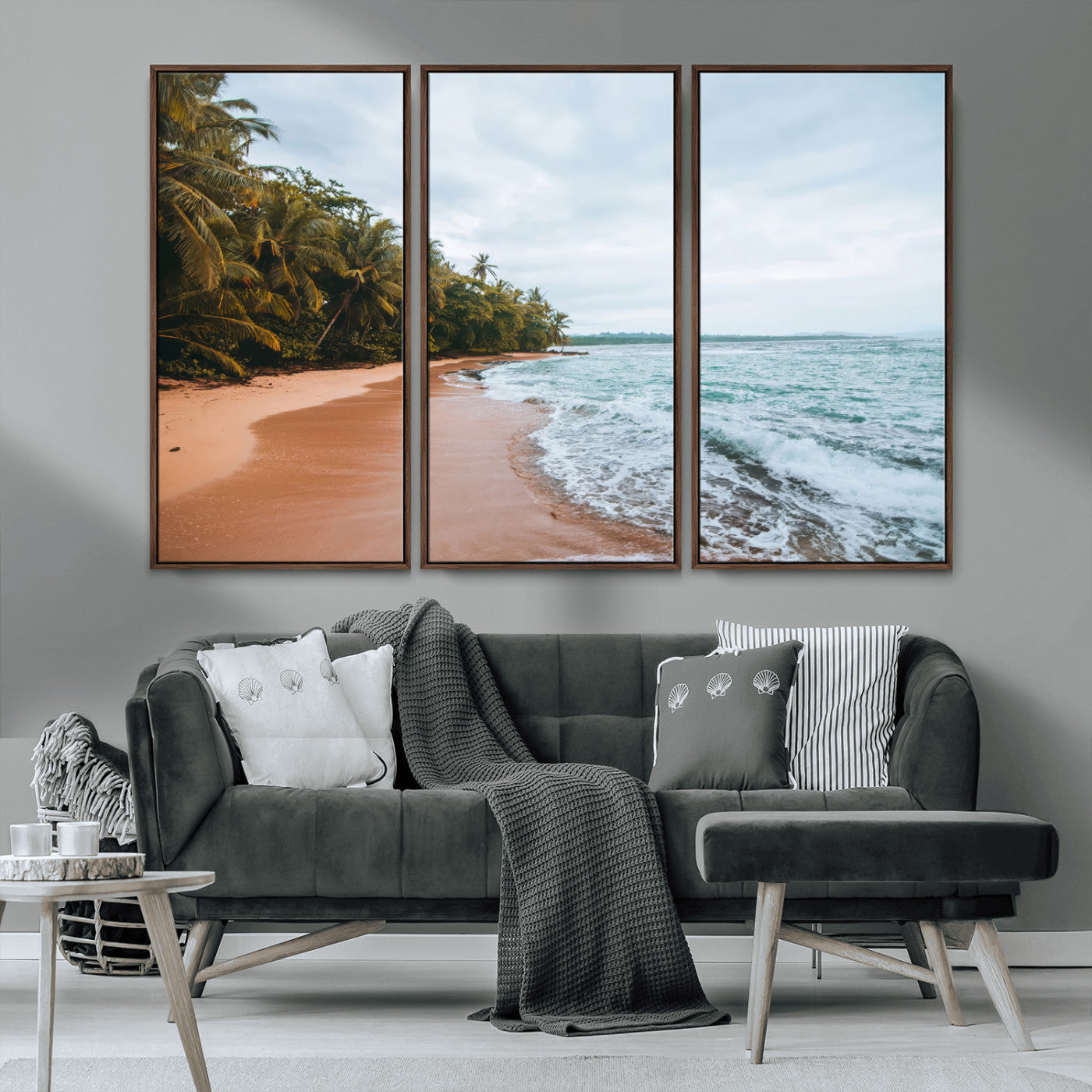 Framed canvas of a tropical beach with palm trees and soft waves, ideal for coastal escape or serene nature-inspired home decor.