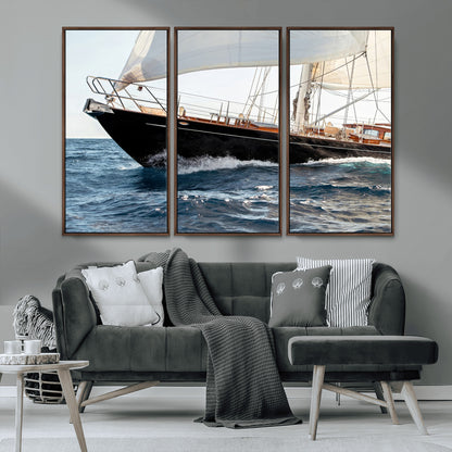 Close-up of a classic sailing yacht with wooden deck and full sails, perfect for nautical or coastal-style decor in ocean-themed spaces.