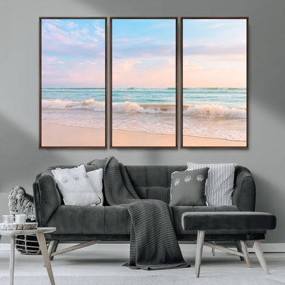 Pastel-toned ocean waves under soft sunset skies, ideal for pastel coastal or serene beach-style home decor.