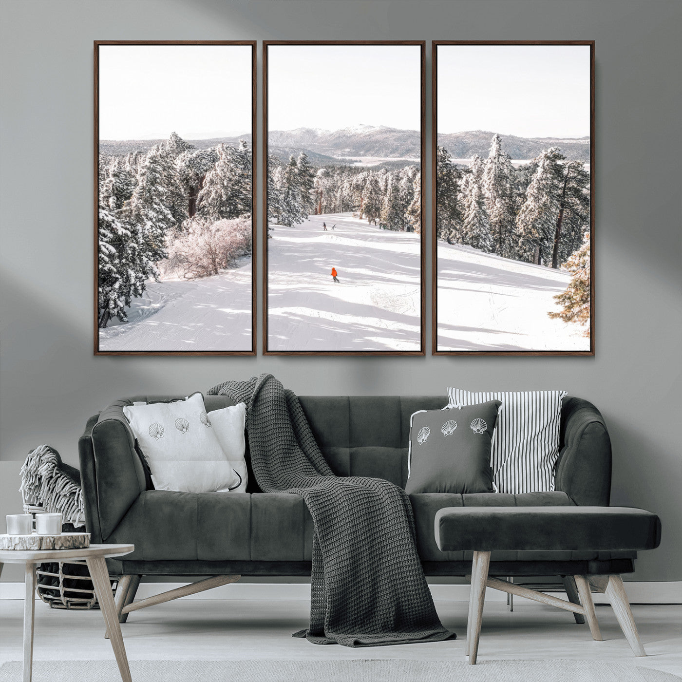 Bright ski trail lined with snow-covered pines and a skier in orange, perfect for alpine adventure or winter sports-inspired decor.
