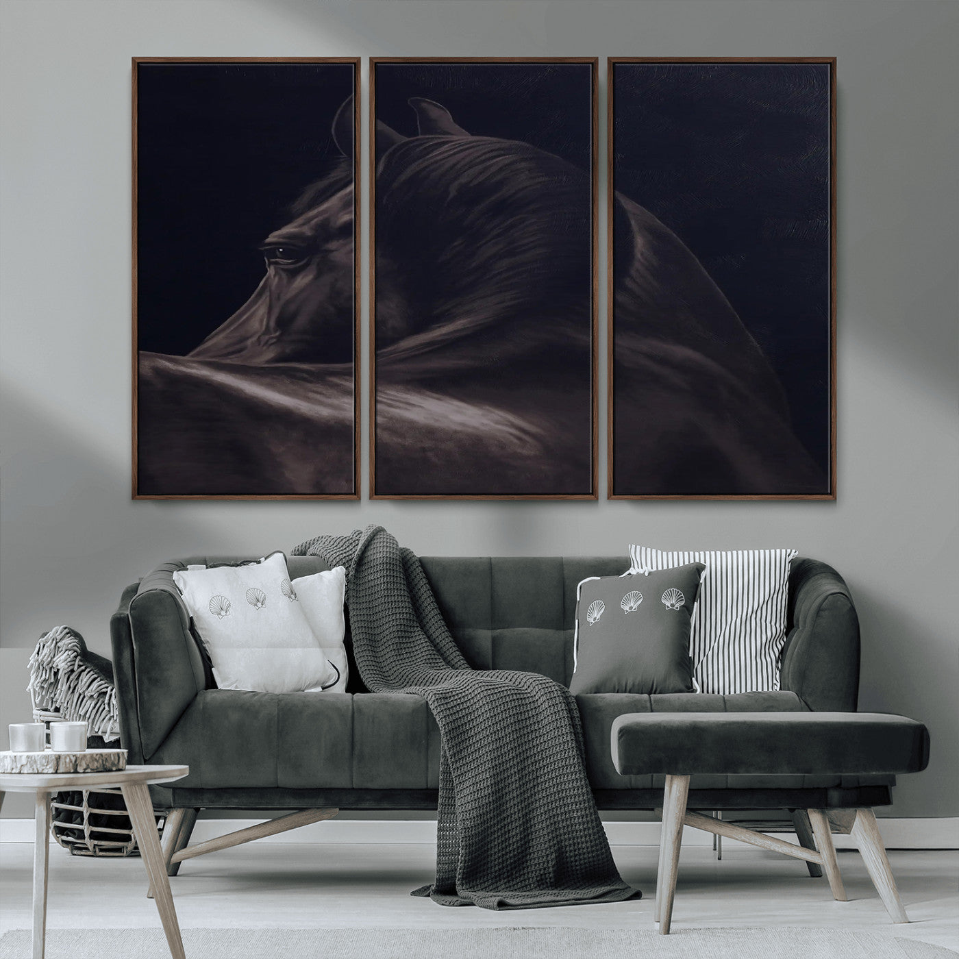 Close-up of a black horse with dramatic lighting on a dark background, perfect for rustic or masculine home decor.