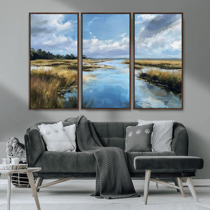 A beautiful, painterly landscape of a calm river winding through a marsh, with vibrant green grasses and a bright blue sky filled with fluffy clouds.