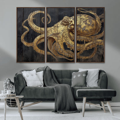 A detailed gold illustration of an octopus on black wooden planks, showing its intricate tentacles and textured skin in an artistic style.