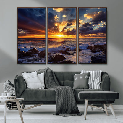 An explosive sunset over the ocean with dramatic clouds and rays of sunlight reflecting off the water, creating a vibrant and captivating view.