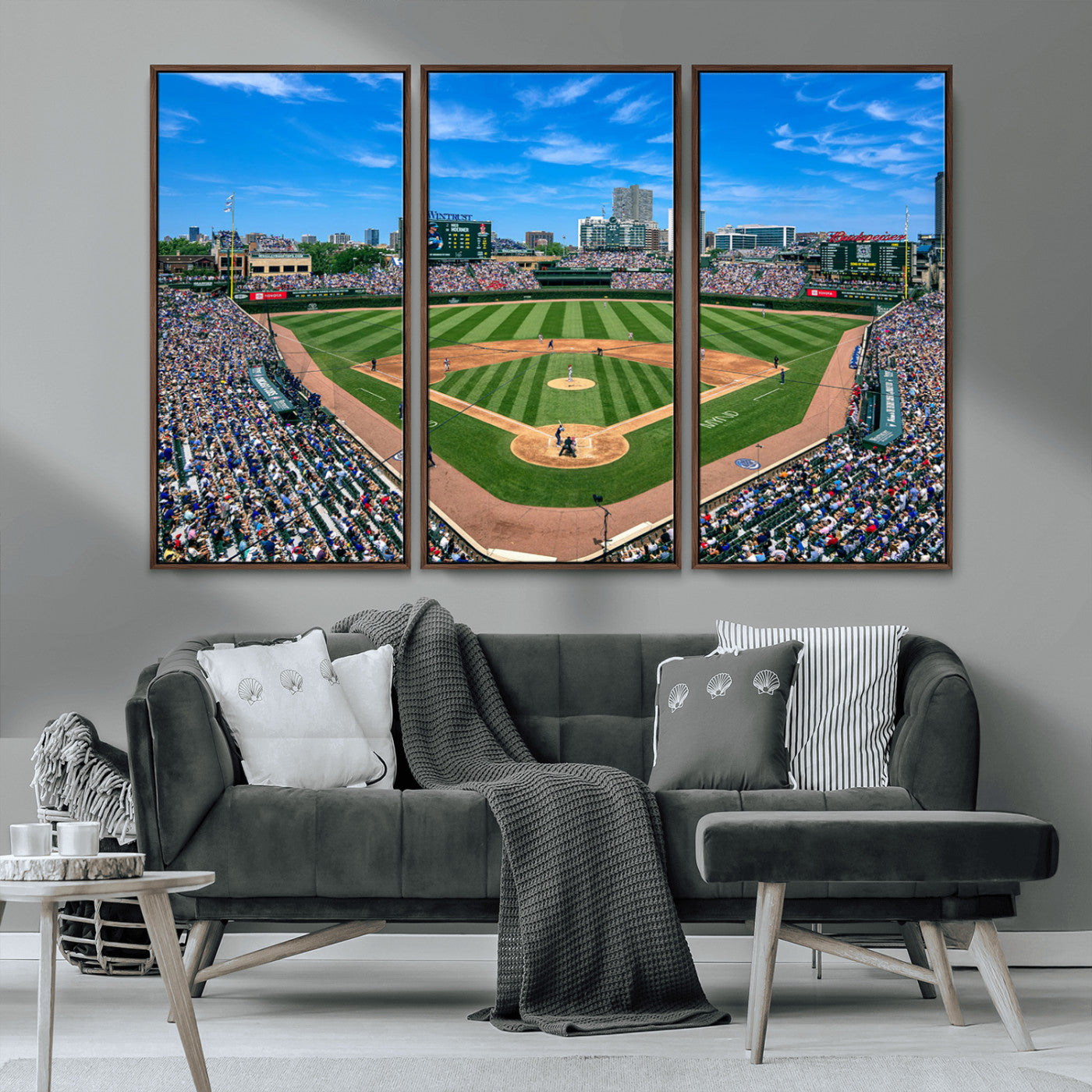 Wrigley Field Baseball Stadium Canvas Wall Art, Packed Crowd Sports Stadium Print, City Skyline Baseball Field Canvas for Game Room Decor