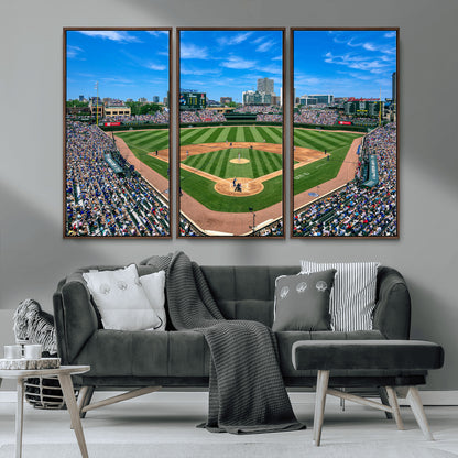 Wrigley Field Baseball Stadium Canvas Wall Art, Packed Crowd Sports Stadium Print, City Skyline Baseball Field Canvas for Game Room Decor
