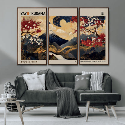 Yayoi Kusama's artwork featuring Mount Fuji, blooming cherry trees, and intricate swirls, blending traditional Japanese elements with vibrant color.
