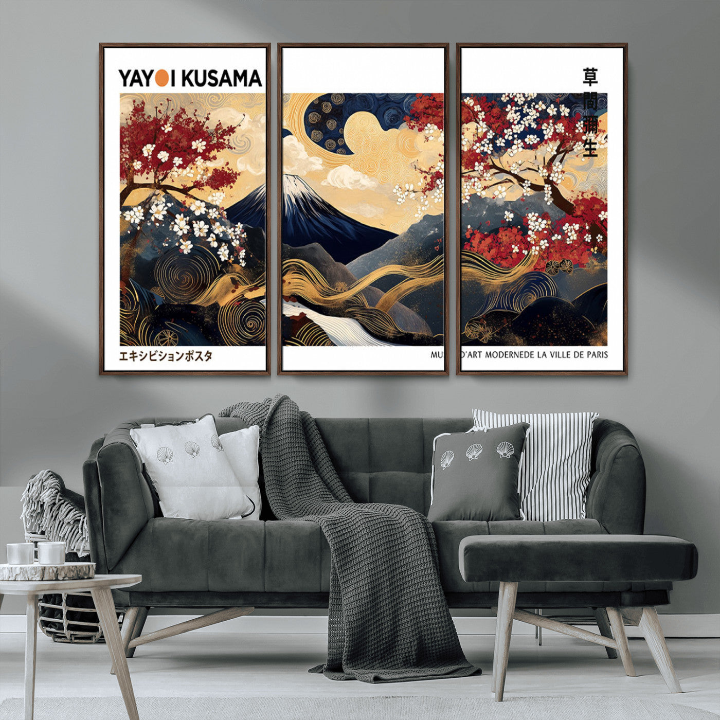 An artwork by Yayoi Kusama featuring Mount Fuji, blooming cherry blossoms, and swirling patterns in a harmonious blend of nature and art.