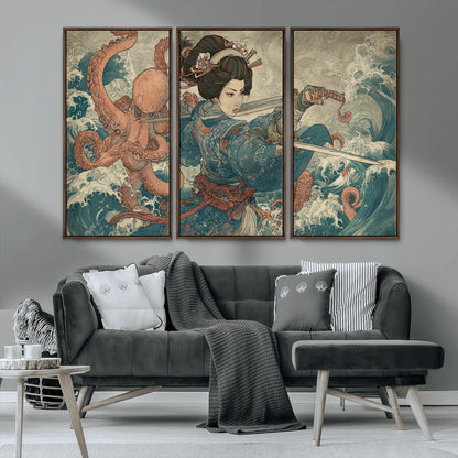Tsukioka Yoshitoshi Samurai Wall Art Print, Japanese Katana Warrior Canvas Wall Art, Octopus Sea Monster Canvas Print,