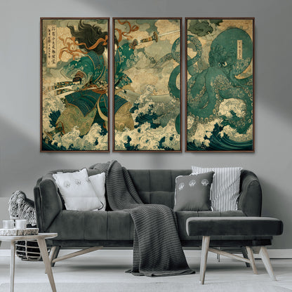 Tsukioka Yoshitoshi Samurai Wall Art Print, Japanese Katana Warrior Canvas Wall Art, Octopus Sea Monster Canvas Print,