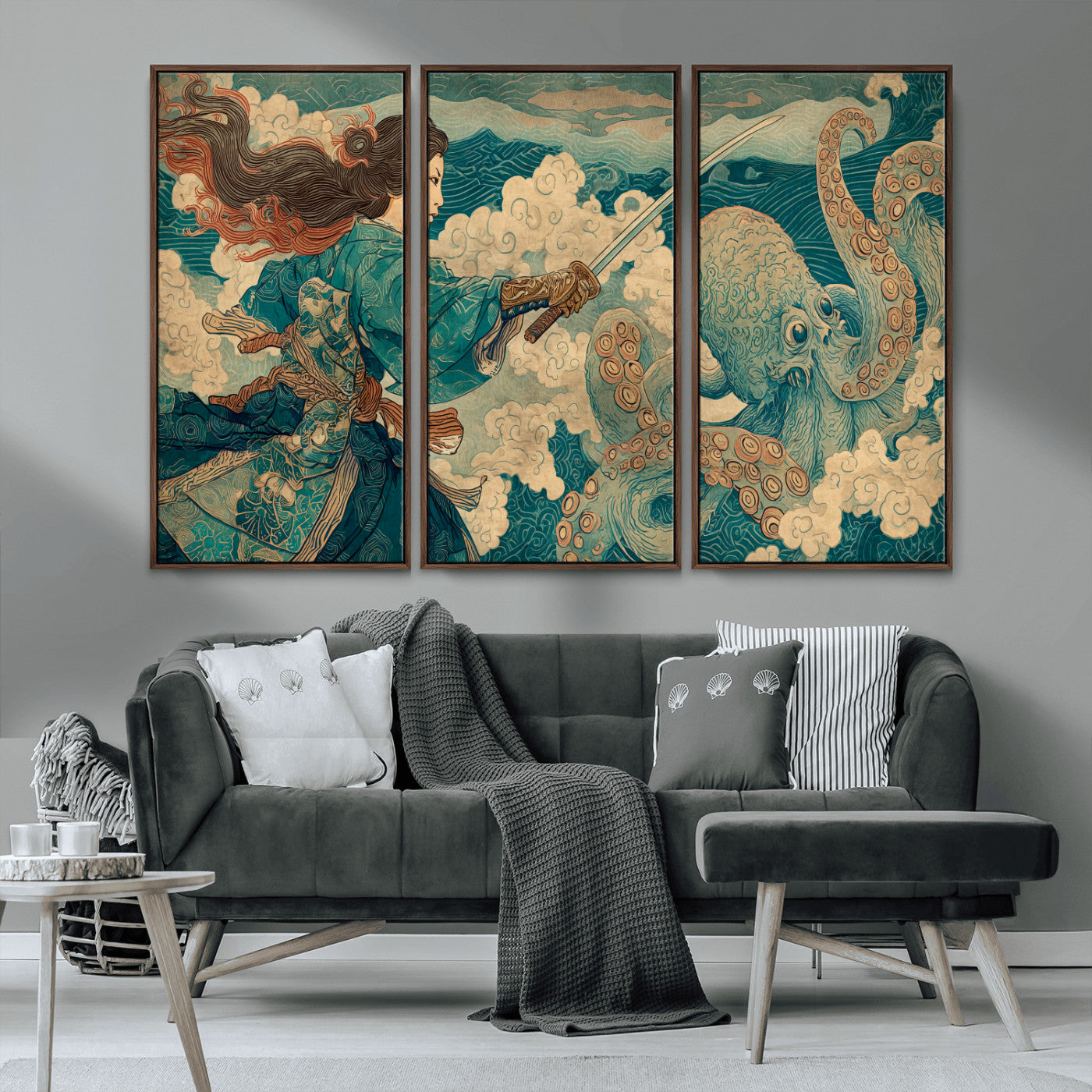 Tsukioka Yoshitoshi Samurai Wall Art Print, Japanese Katana Warrior Canvas Wall Art, Octopus Sea Monster Canvas Print,