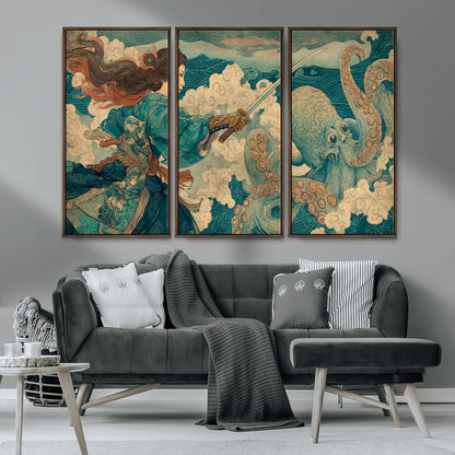 Tsukioka Yoshitoshi Samurai Wall Art Print, Japanese Katana Warrior Canvas Wall Art, Octopus Sea Monster Canvas Print,