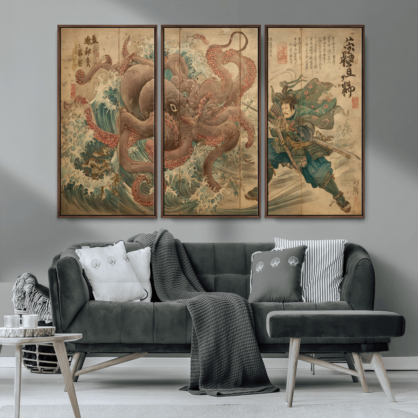 Tsukioka Yoshitoshi Samurai Wall Art Print, Japanese Katana Warrior Canvas Wall Art, Octopus Sea Monster Canvas Print,