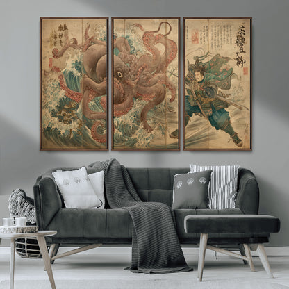 Tsukioka Yoshitoshi Samurai Wall Art Print, Japanese Katana Warrior Canvas Wall Art, Octopus Sea Monster Canvas Print,