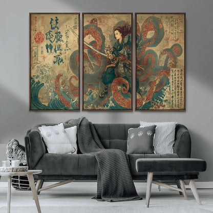 Tsukioka Yoshitoshi Samurai Wall Art Print, Japanese Katana Warrior Canvas Wall Art, Octopus Sea Monster Canvas Print,