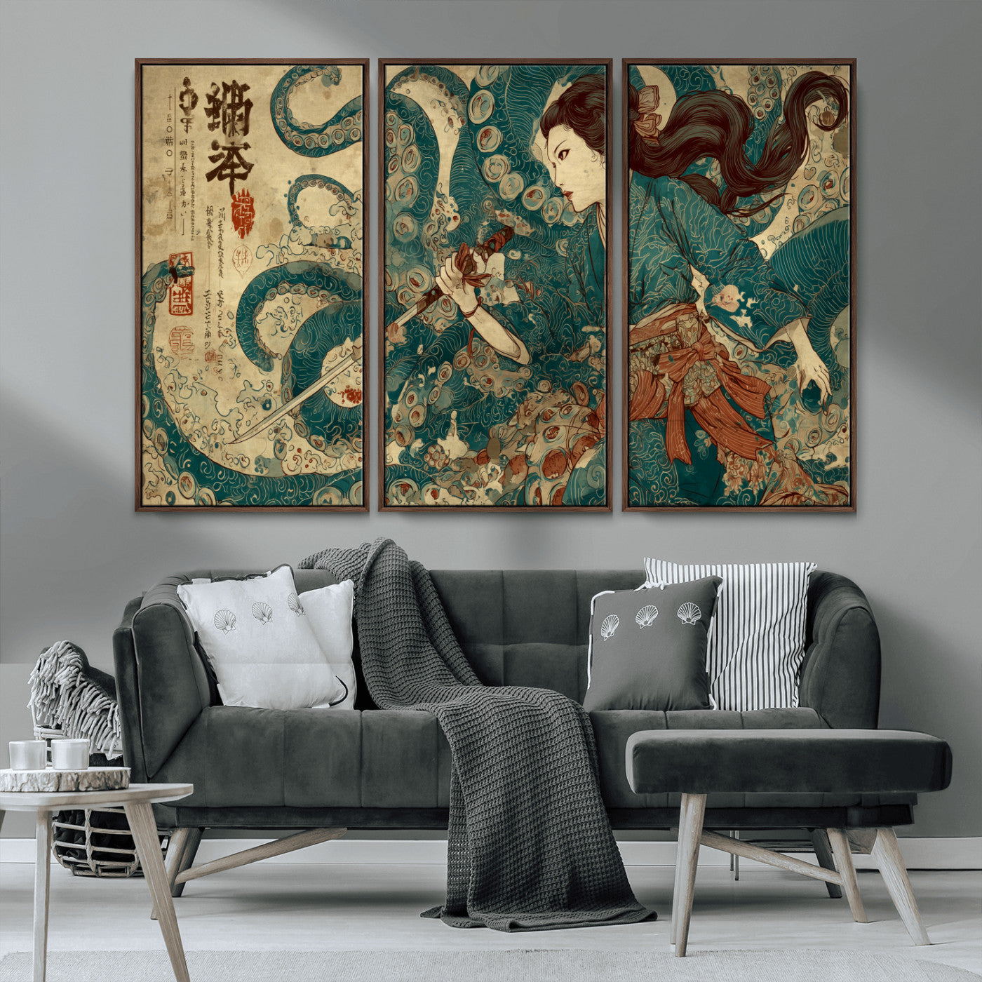 Tsukioka Yoshitoshi Samurai Wall Art Print, Japanese Katana Warrior Canvas Wall Art, Octopus Sea Monster Canvas Print,
