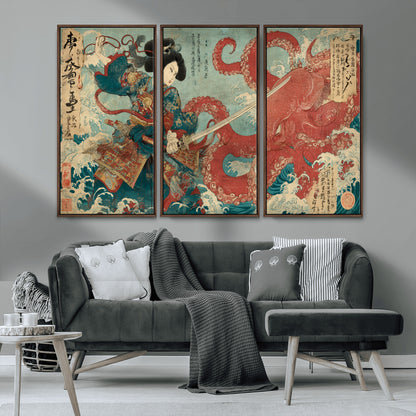 Tsukioka Yoshitoshi Samurai Wall Art Print, Japanese Katana Warrior Canvas Wall Art, Octopus Sea Monster Canvas Print,