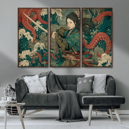 Tsukioka Yoshitoshi Samurai Wall Art Print, Japanese Katana Warrior Canvas Wall Art, Octopus Sea Monster Canvas Print,