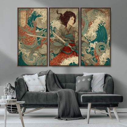 Tsukioka Yoshitoshi Samurai Wall Art Print, Japanese Katana Warrior Canvas Wall Art, Octopus Sea Monster Canvas Print,