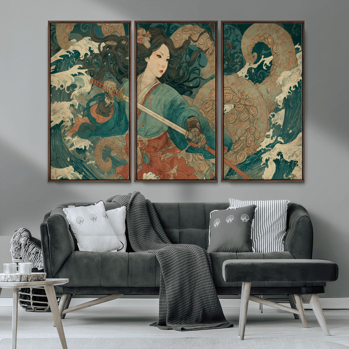Tsukioka Yoshitoshi Samurai Wall Art Print, Japanese Katana Warrior Canvas Wall Art, Octopus Sea Monster Canvas Print,