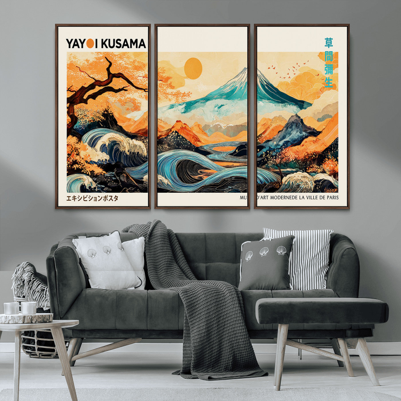 Modern Japanese-style art print featuring a stylized Mount Fuji, flowing waves, and vibrant landscapes in bold colors, inspired by traditional and contemporary aesthetics.