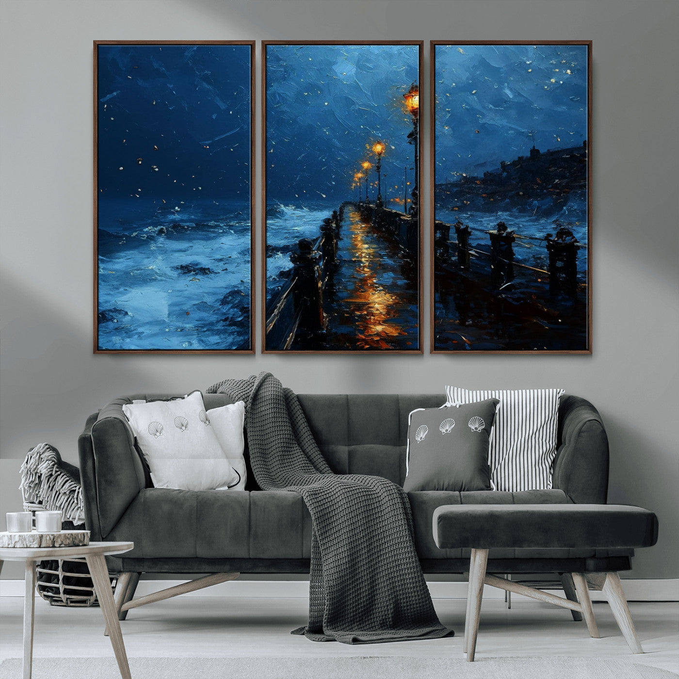 "Impressionistic painting of a rainy pier at night with glowing street lamps reflecting on the wet surface, ocean waves crashing under a dark blue sky."