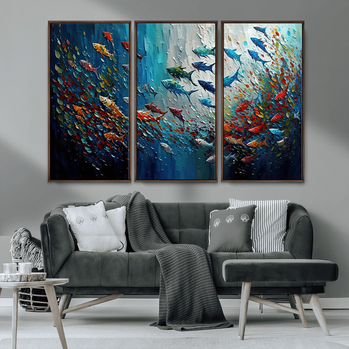 Colorful painting of fish swimming in abstract ocean swirls, perfect for vibrant marine-themed or expressive coastal home decor.