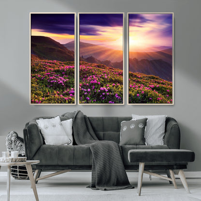 -Mountain Sunrise Wall Art – Vibrant Floral Landscape Canvas Print, Nature Home Decor for Living Room, Bedroom Office or Cabin