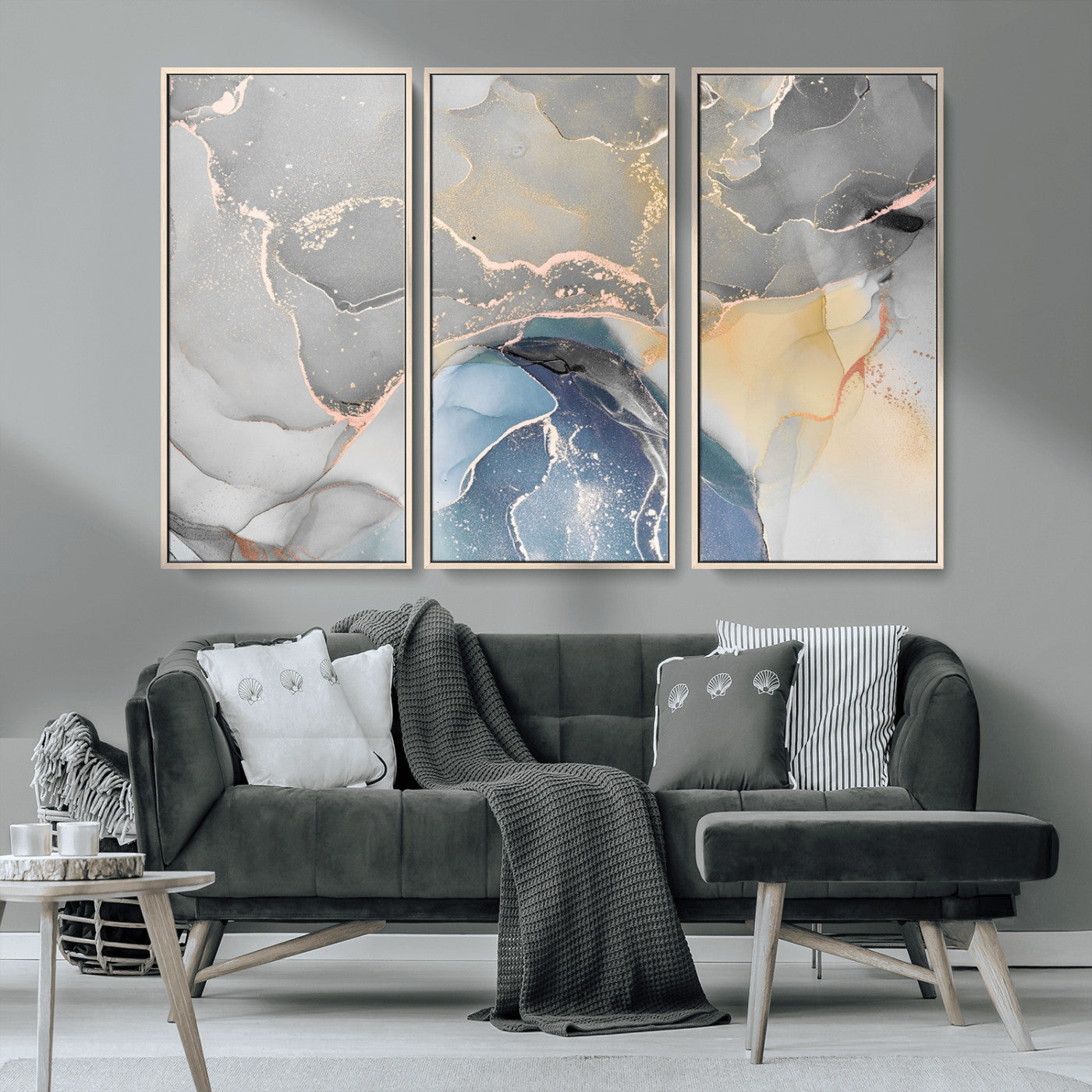 -Abstract Fluid Art Wall Decor – Blue, Gray & Gold Canvas Print, Modern Home and Office Wall Art Decor for Living Room, Bedroom or Workspace
