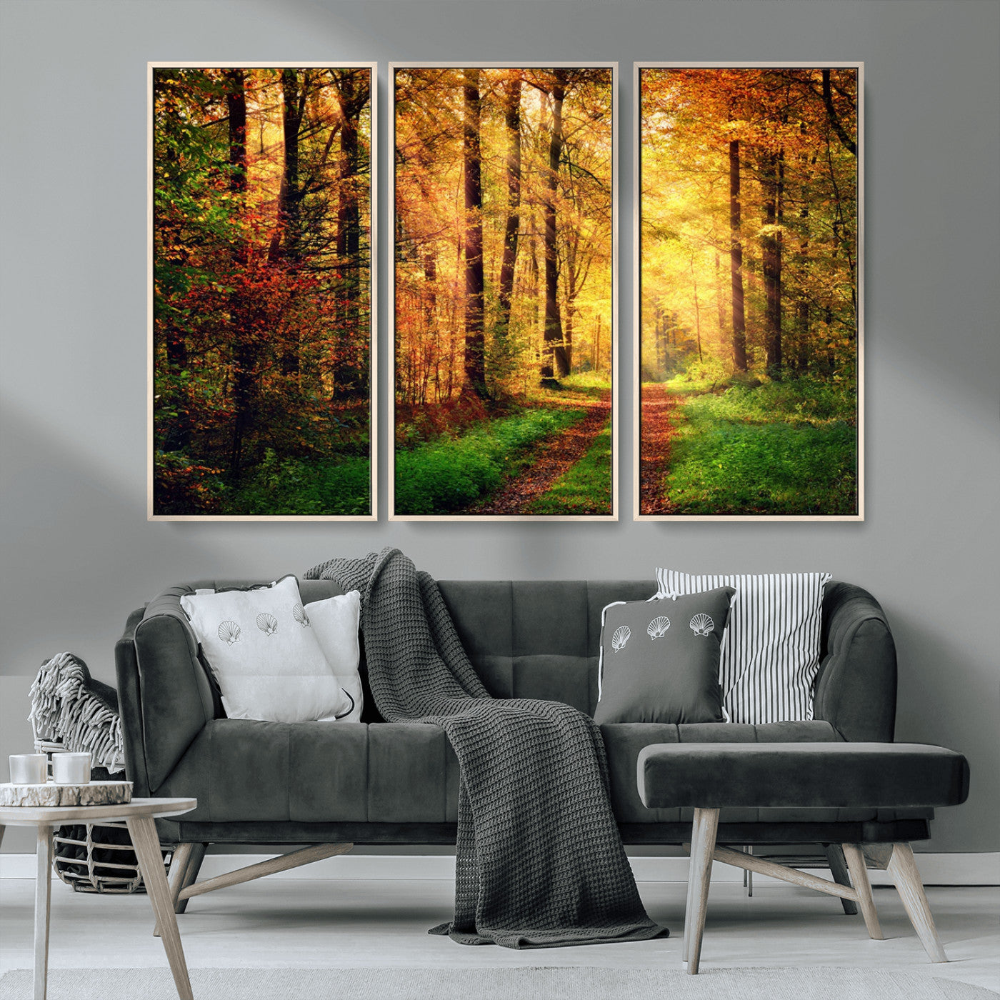 73494-MGV-CV-36X24-Golden Autumn Forest Path Wall Art – Sunlit Woodland Canvas Print, Fall Nature Landscape Home Decor