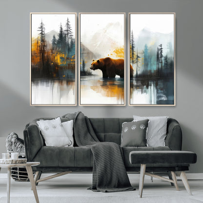A majestic bear stands by the serene waters of a misty forest, surrounded by towering trees and distant mountains, evoking the raw beauty and wild spirit of nature.